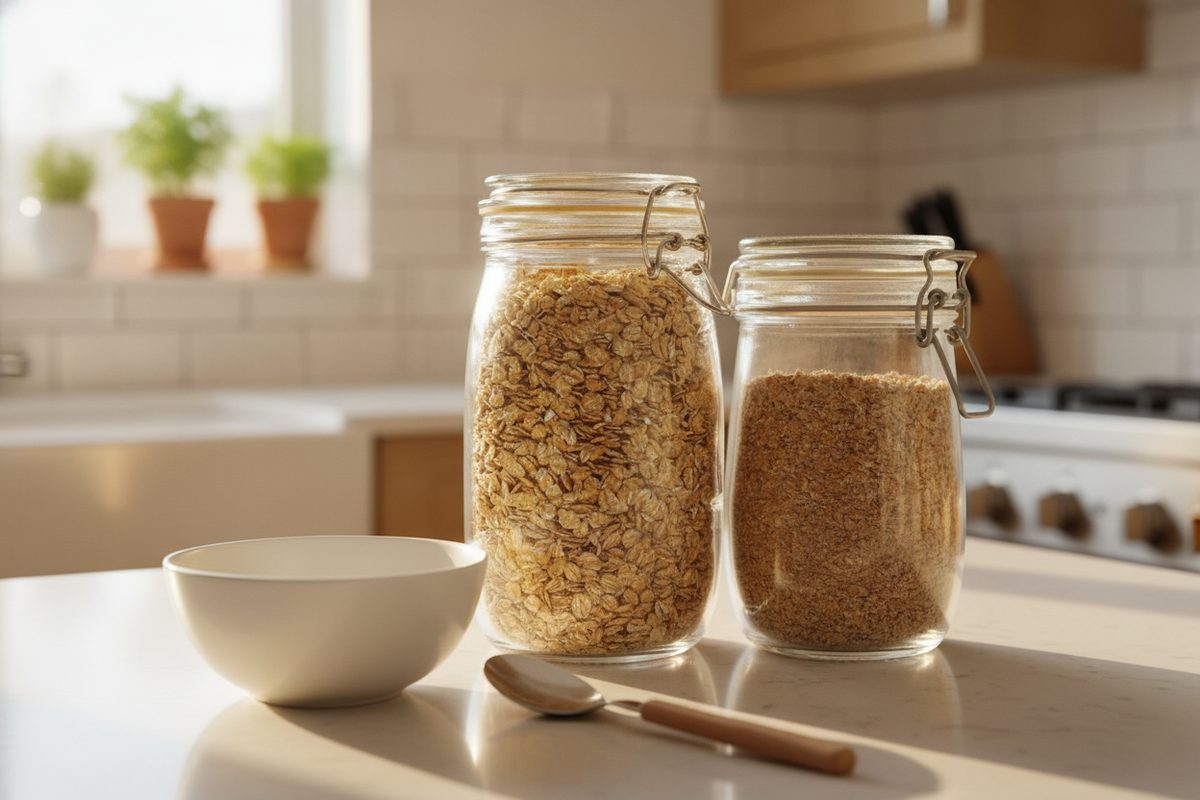 Clamp-lid pantry jars staged on bright kitchen counter, morning light
