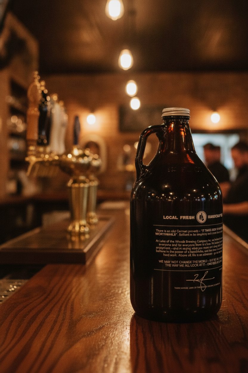 Brown-glass beer growler (honest limitation example) staged on brewery bar counter, warm pub light